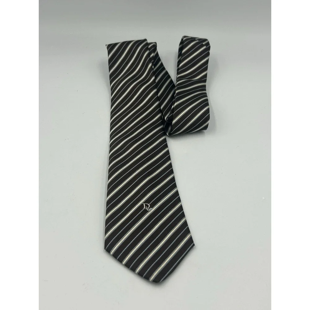 Vintage 1960s Christian Dior Necktie Tie Mens Brown Blue Stripe Poly/Silk